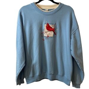Vintage Y2K Endless Designs Embroidered Cardinal Winter Blue Sweatshirt Large